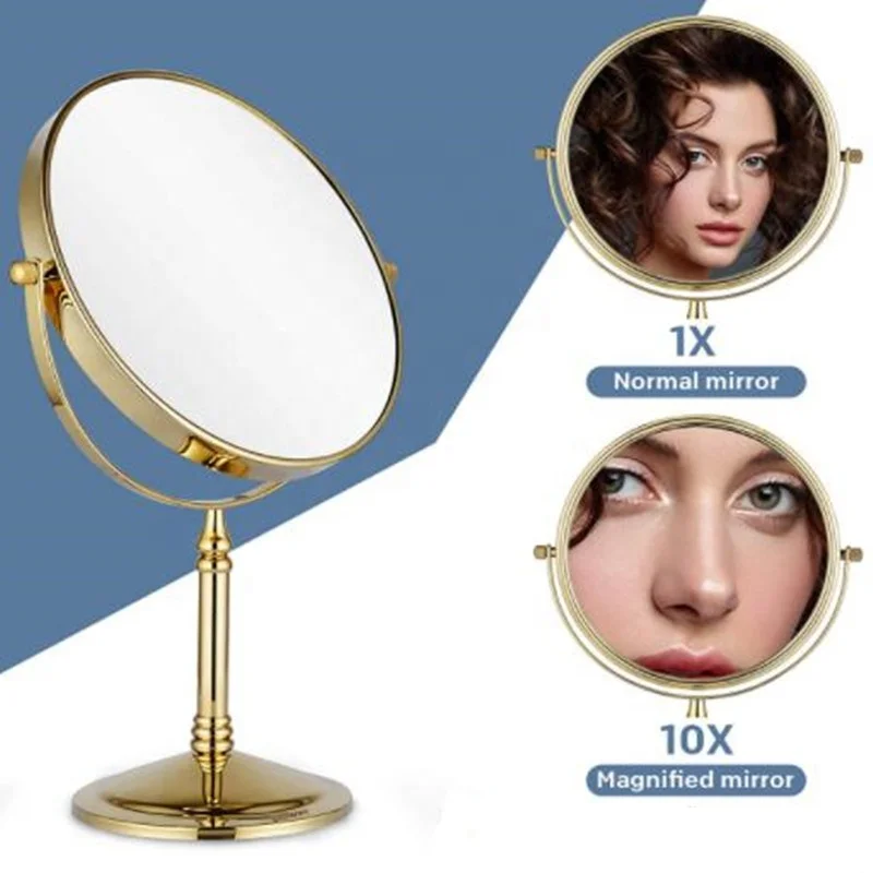 Double Side Magnification Round Hotel Household Vanity Table Makeup Mirror With Gold-Plated Frame And Stand