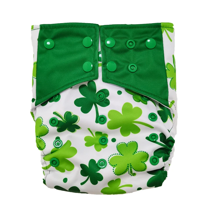 New style reusable baby bamboo cloth diapers solid green leaves 100% polyester cotton aio double leak guard washable baby diaper