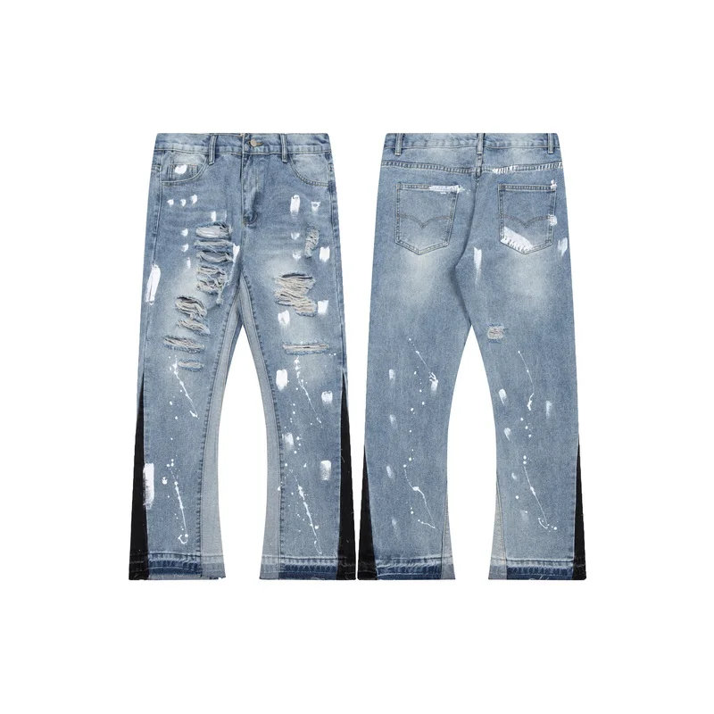 Fashion Gallery Hip Hop Retro Straight Flare Distressed Jeans Patchwork Denim Wide Leg Loose Pants For Men