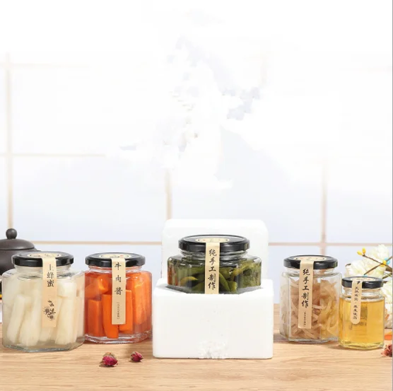 Food grade hexagonal honey glass jar jam pudding jar with screw metal lid 45ml 85ml 100ml 180ml 280ml 380ml 730ml