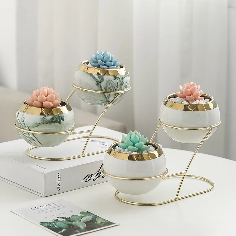 Custom logo tabletop gold plated round ceramic flower pot plant succulent cactus pot with iron double stand
