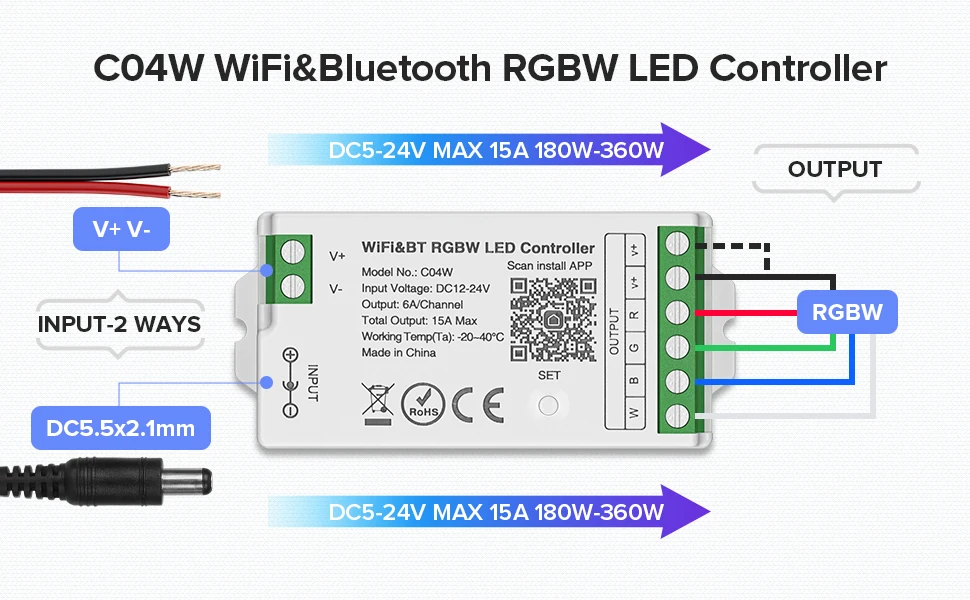 Светодиодный контроллер освещения WiFi RGBW дистанционный светодиодный 15 А 4 канала 360 Вт 24 В
