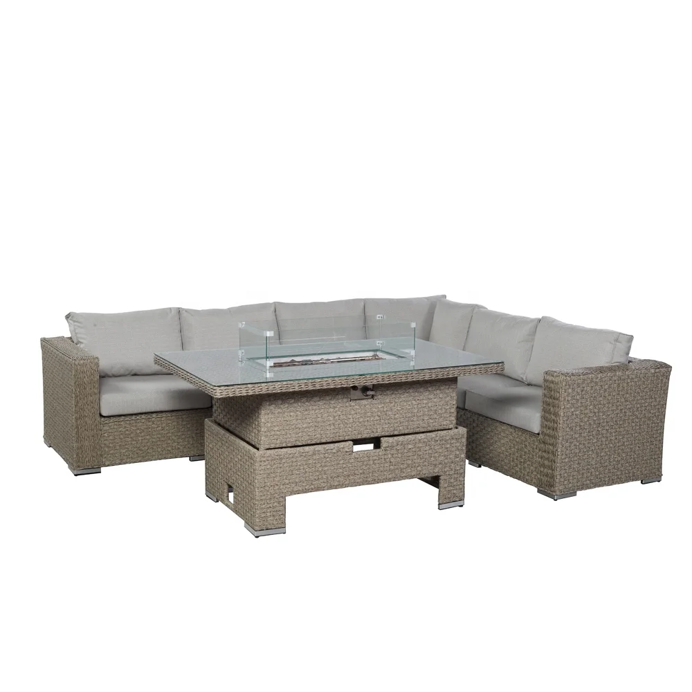 Rattan Garden Corner Sofa Rising Dining Table Set with Fire Pit in Grey or Natural