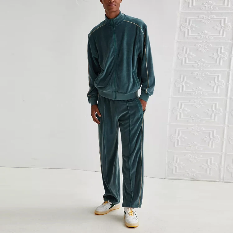 Green Zip-Through Velour Track Outerwear Cotton Bulk Factory Custom Outdoor Casual Sports Jacket