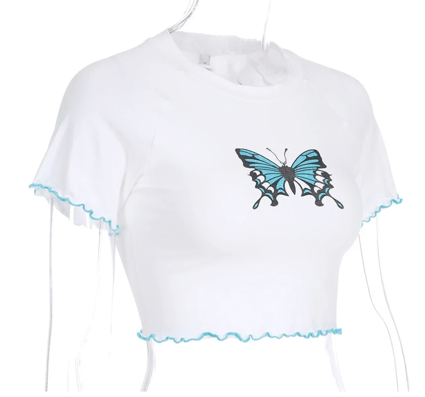 Summer Streetwear Casual butterfly printed ladies short sleeve cotton slim crop tops