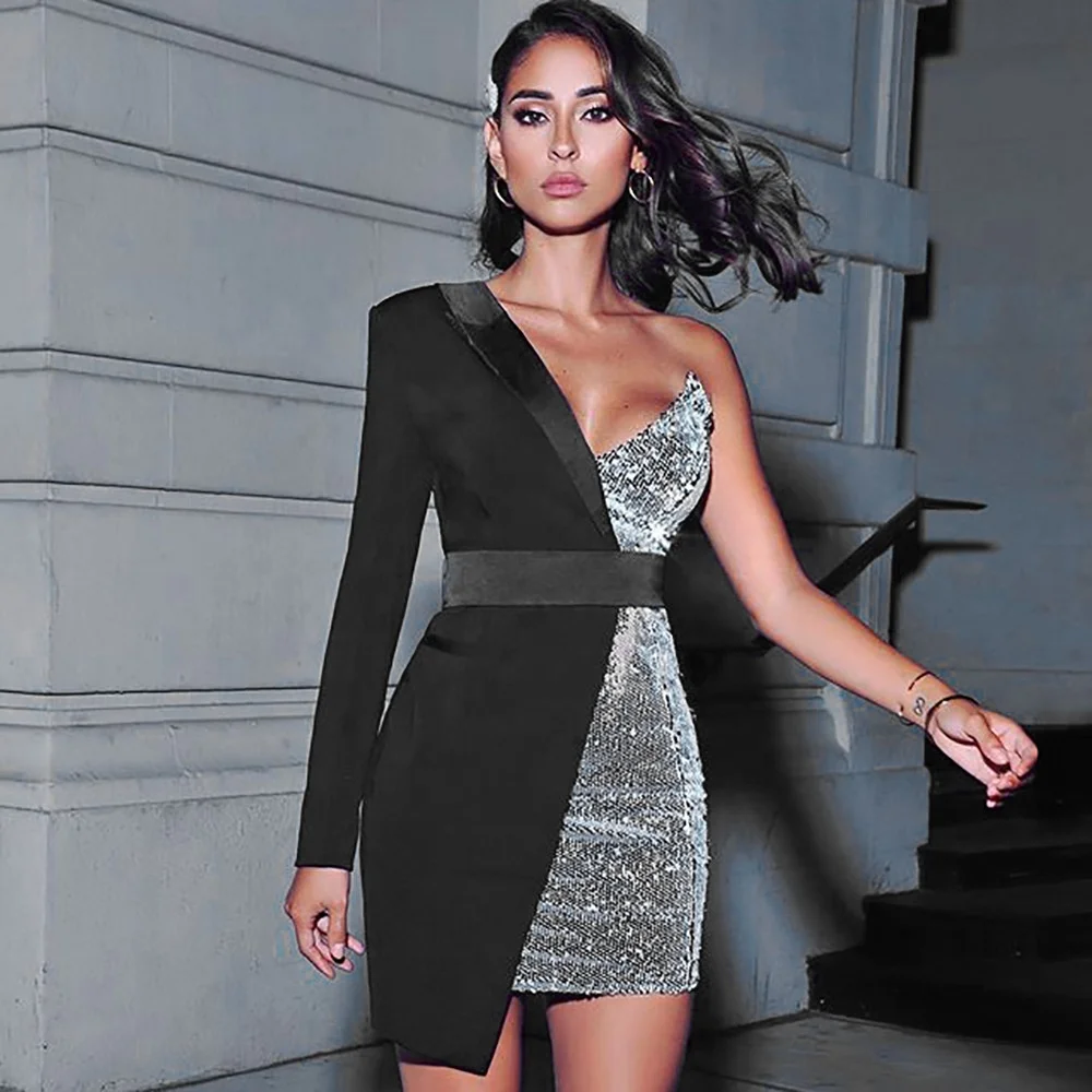 XLL123 Low Price Popular women elegant blazer suit sequined Oblique shoulder blazer Patchwork slim Sashes blazers ladies women