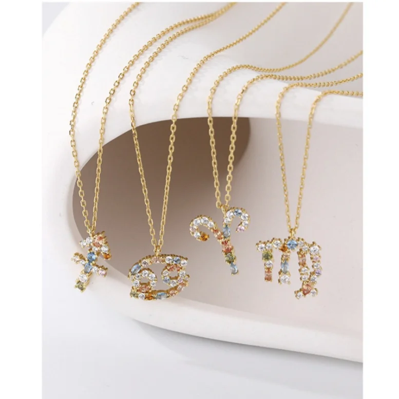 Wholesale Zodiac Symbols Pendant Necklace Colored Zircon S925 Sterling Silver Rainbow Jewelry Colorful Gemstone Necklaces