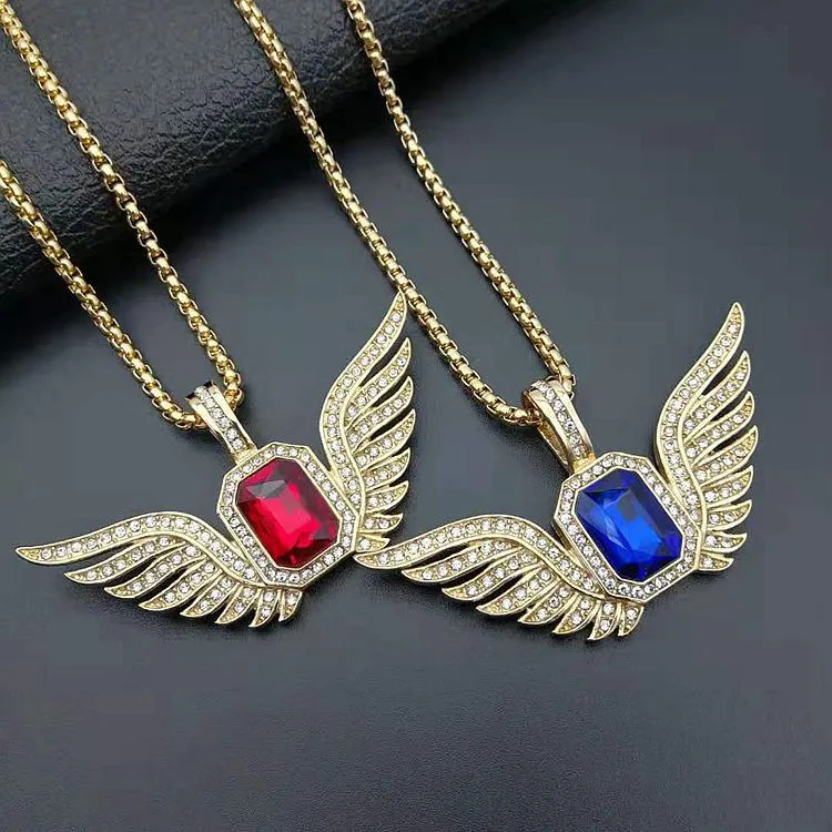 Hip Hop Mens Gold Plated Gemstone Jewelry Wholesale Big Rectangle Crystal Stone Angel Wing Necklace Pendant