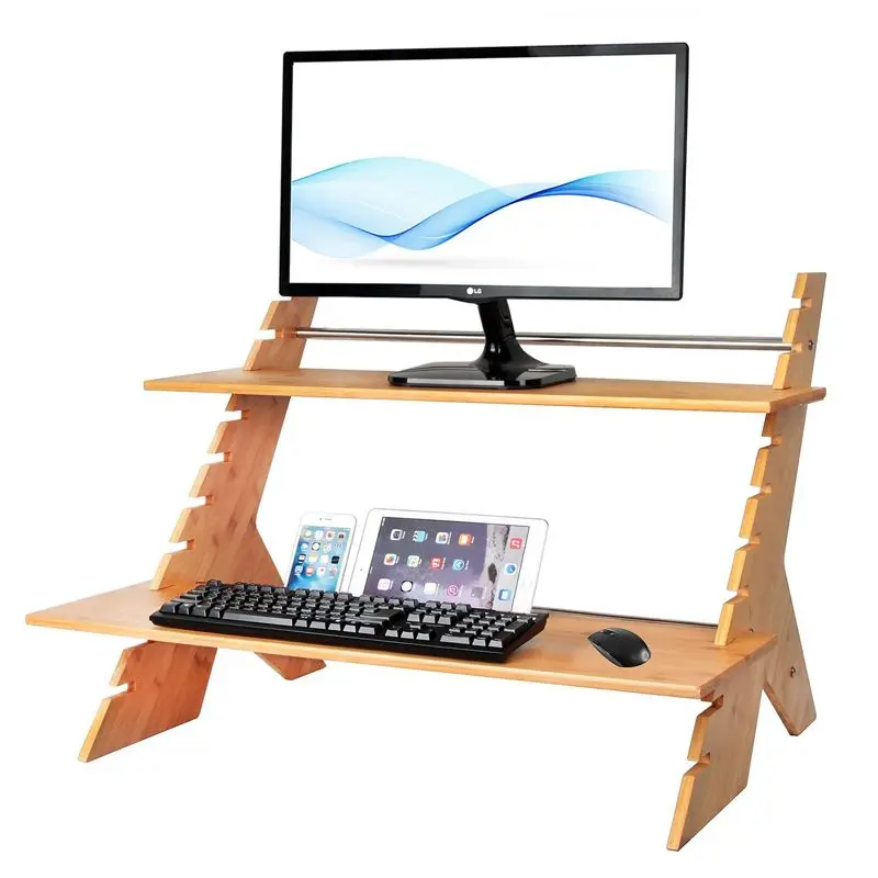 Bamboo Adjustable Standing Desk Height Stand Up With Monitor Riser