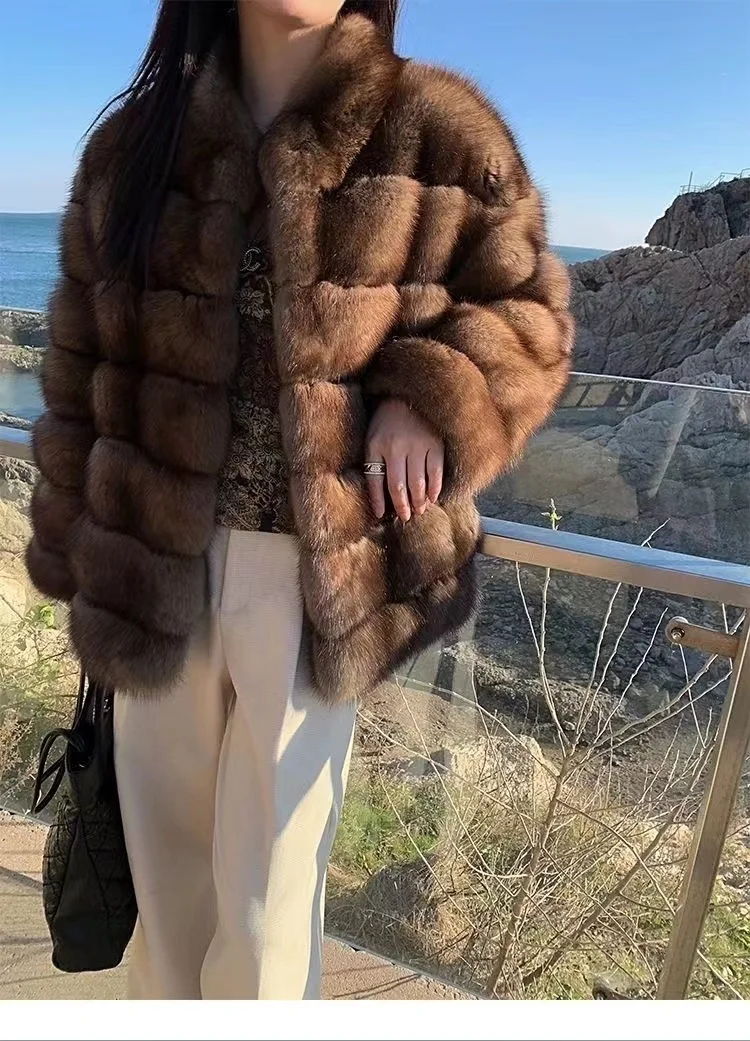 Winter Luxury Russia  New Purple Sable High Grade Sable Fur Jacket Winter Thickened Warm Fluffy Sexy  Stand Collar Faux fur coat