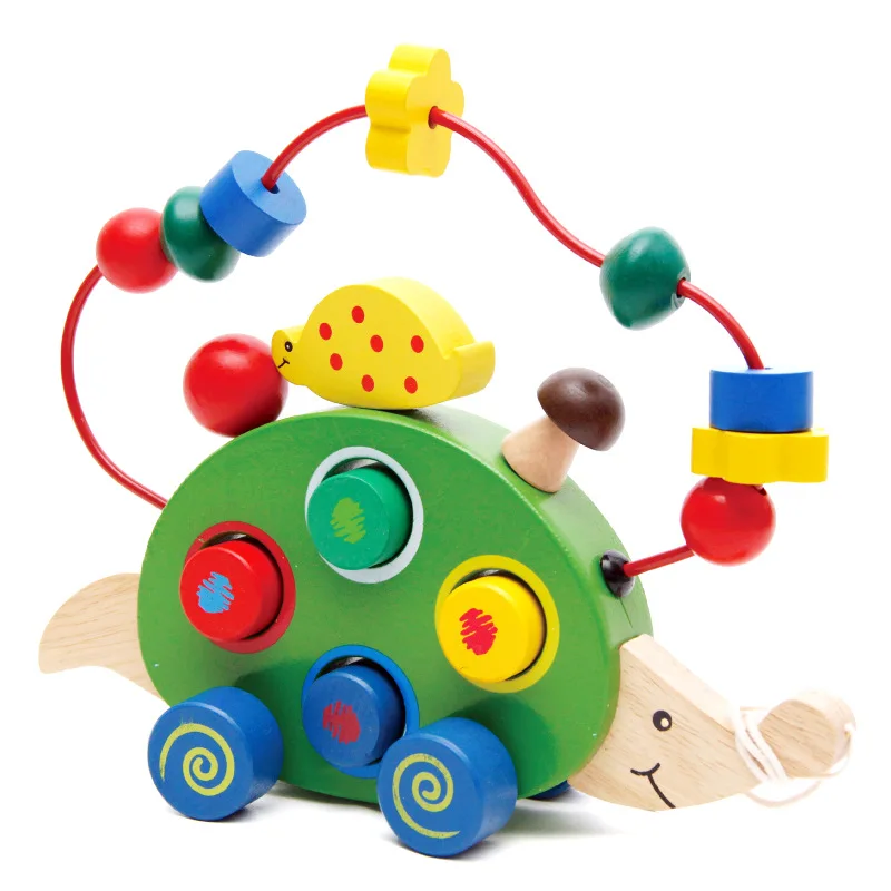 
children Wooden hedgehog round bead puzzle shape recognition wooden animal towing cart education string bead building block 