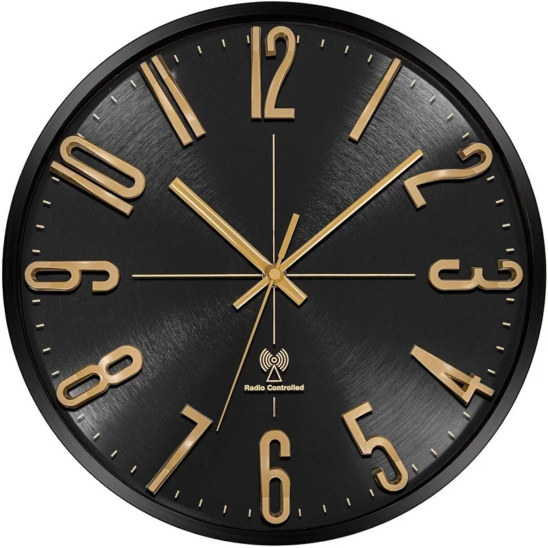 12 inch Modern simple metal luxury 3D number Radio Control Wall Clock  silent round black custom atomic aluminum clock