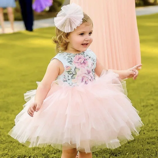 Summer floral bodice top puffy pink tulle toddler girls sleeveless wedding party holiday princess girl dresses for kids