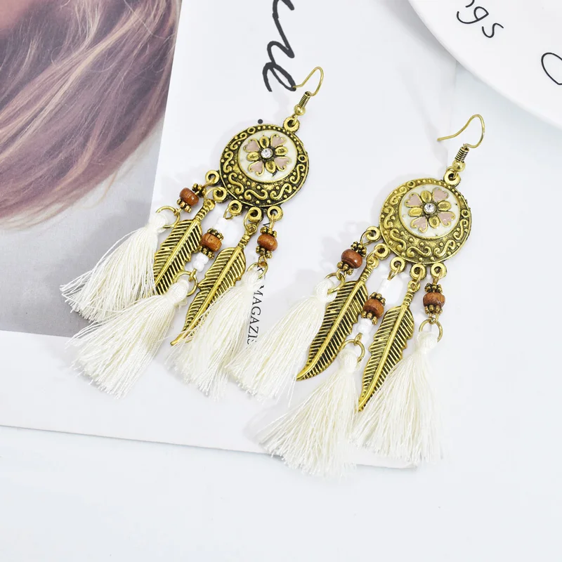 Bohemian Vintage Long Feather Resin Beaded Dangling Earrings Handmade Tassel Earrings Party Jewelry
