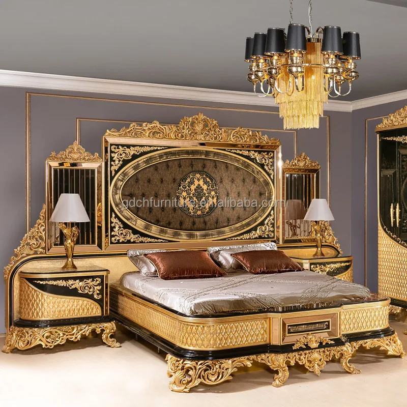 French solid wood carved gold foil bed European villa master bedroom wedding princess bed custom furniture