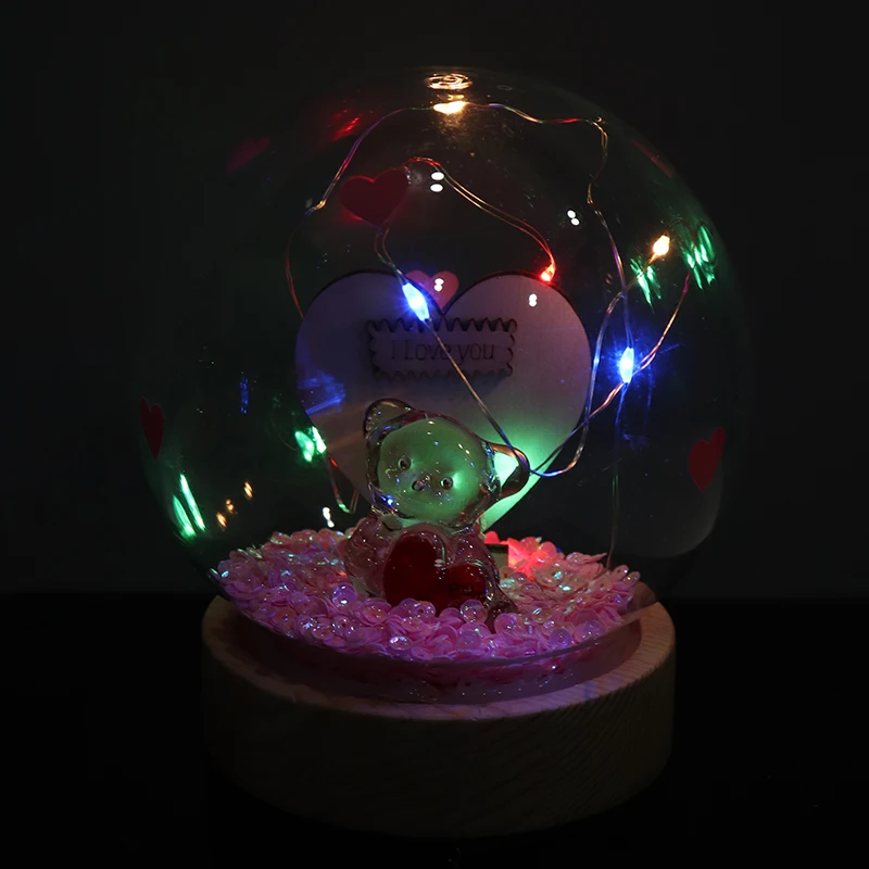 Led lights up wood holiday decoration bear heart glass dome cloche decor with wooden base