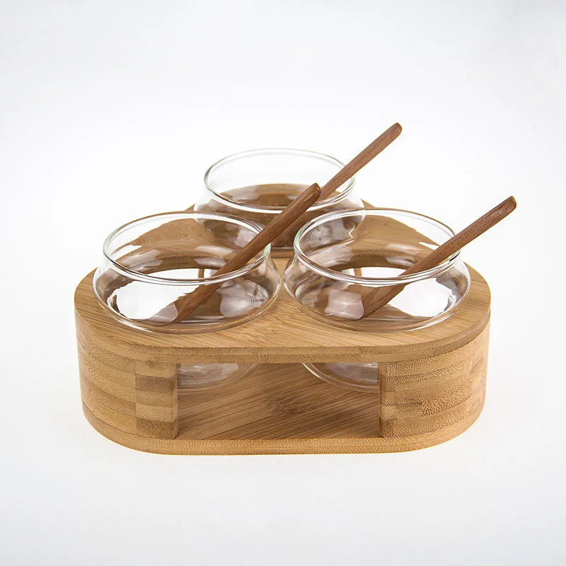 Home Kitchen Countertop Condiment Herb Jar Bamboo Salt Pepper Keeper Spice Box Set with Spoon