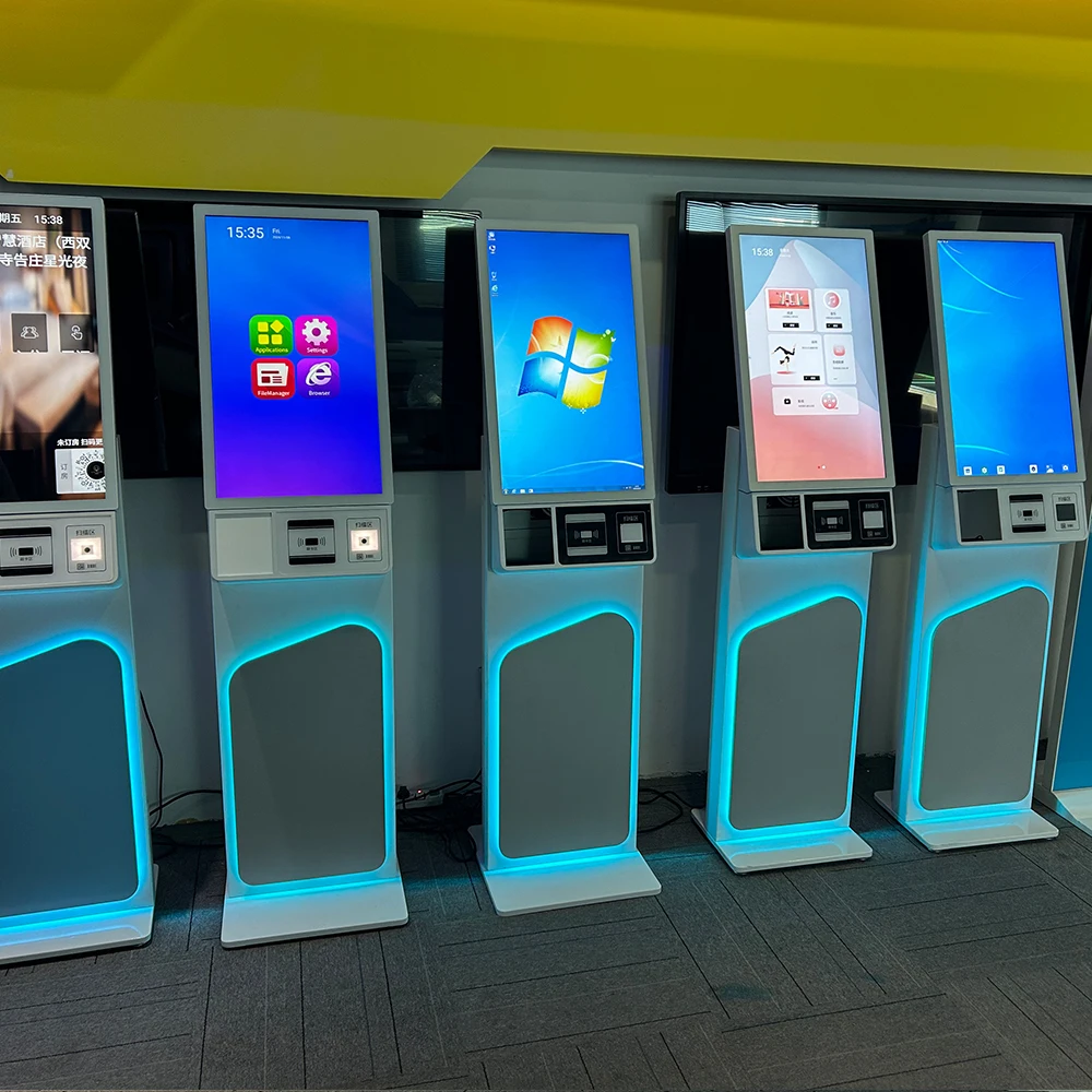 27 inch floor stand android touch screen hotel check in self service payment pos self ordering with printing Camera QR scanner