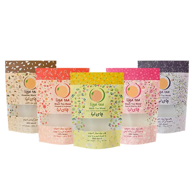 Custom Printed Logo Eco Loose Leaf Window Kraft Stand Up Tea Packing Pouch Packaging Recyclable Resealable Paper Bag For Tea