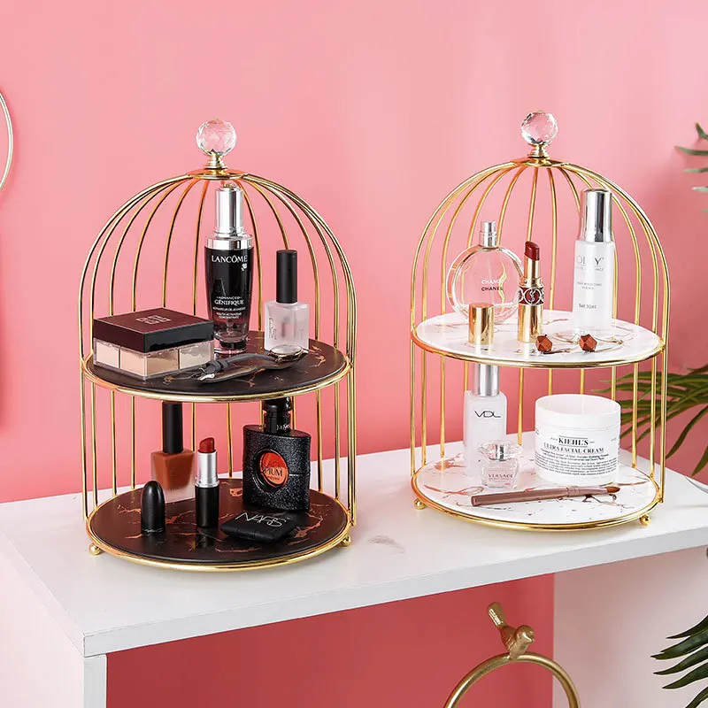 Creative metal home bathroom birdcage storage rack marble pattern ceramic tray double-layer three-layer skin care cosmetics rack