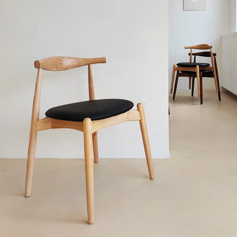 Nordic Hans Wegner wooden velvet elbow chair dining room furniture modern leather OX horn chair