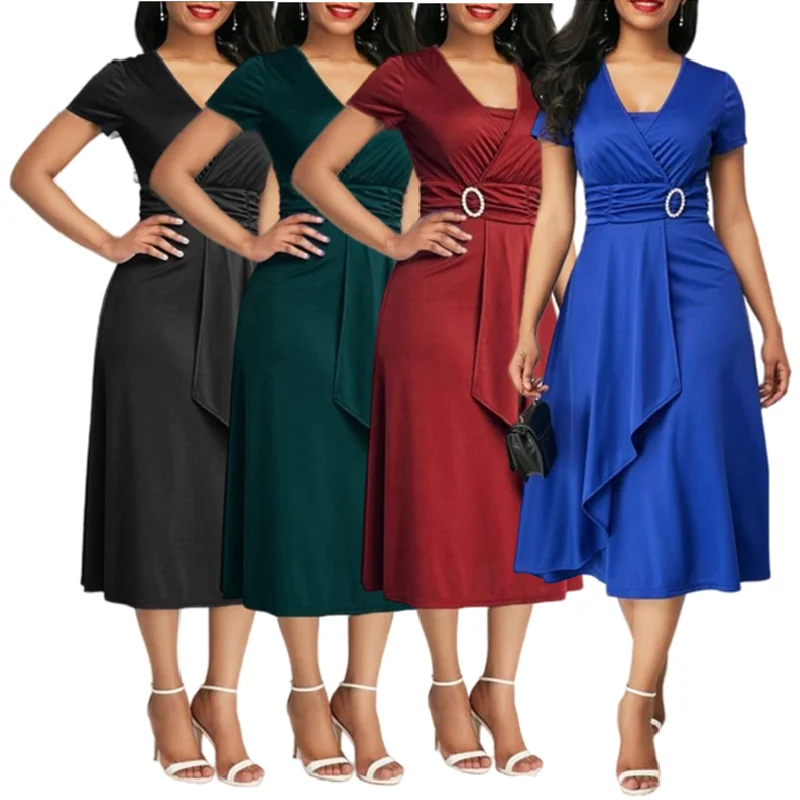YQY8857 Hot Selling Fashion Elegant Asymmetric Skirt V-neck Ladies Office Dresses Women Formal Work Plus Size 5XL Party Dress