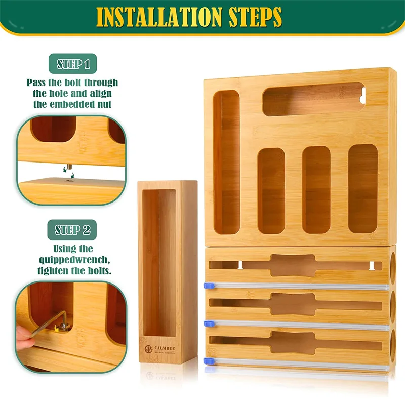 9 in 1 Ziplock Bamboo Wrap Dispenser Food Bag Kitchen Storage Organizer with Cutter for Foil Plastic and Paper