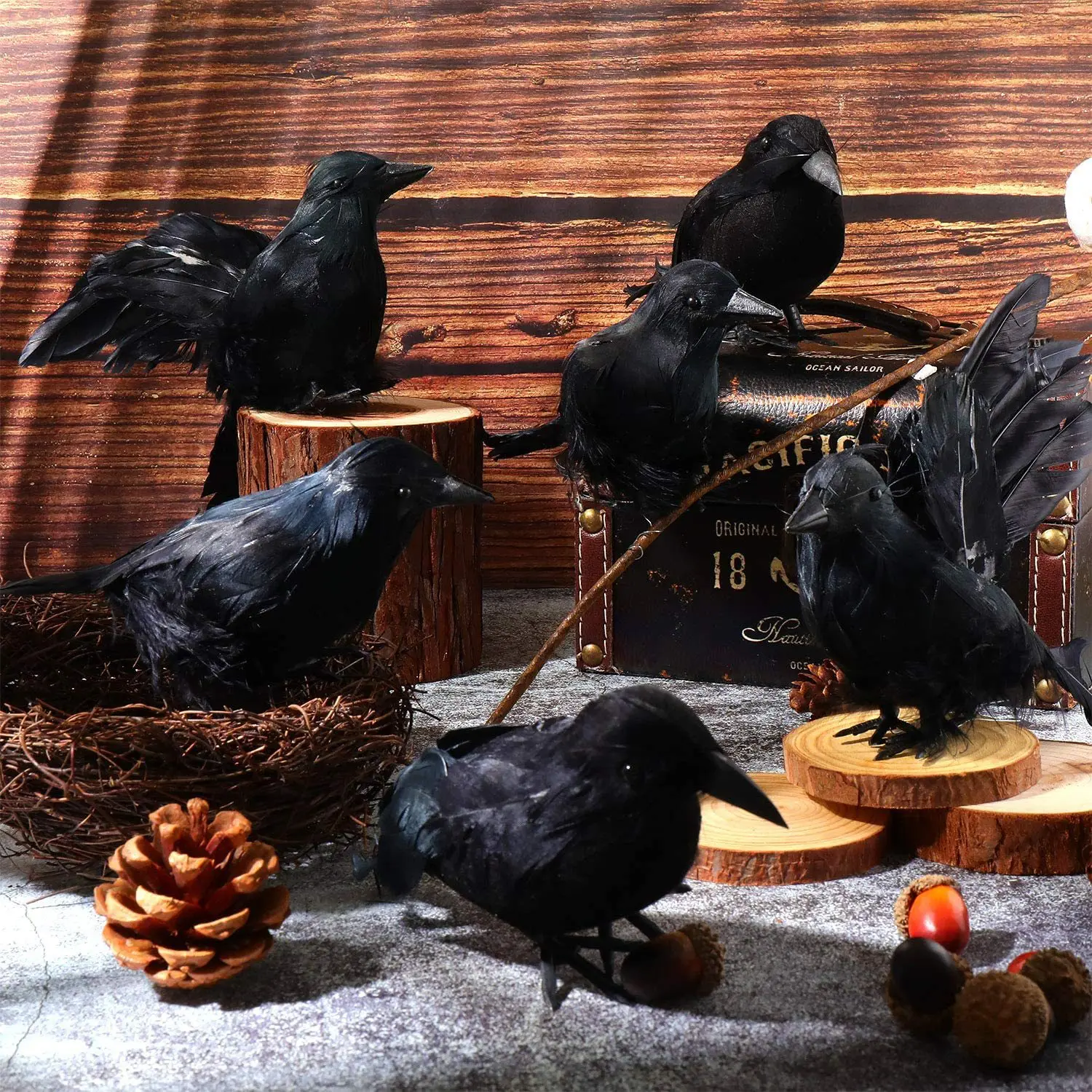 6 Pcs Halloween Crows Decorations Black Fake Feathered Crows Realistic Large Handmade Ravens Decor for Halloween Party