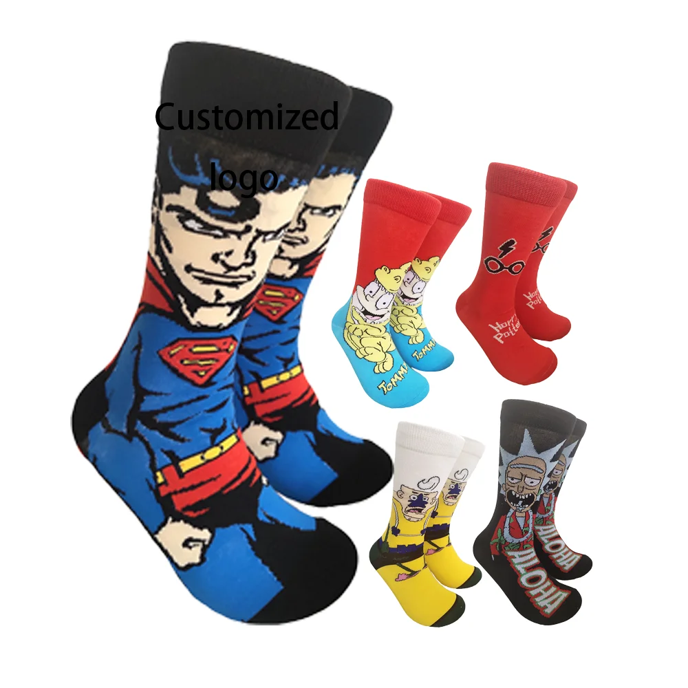 unisex warm royal blue custom jacquard personalized branded logo cotton breathable funny hip hop crew socks with vintage designs