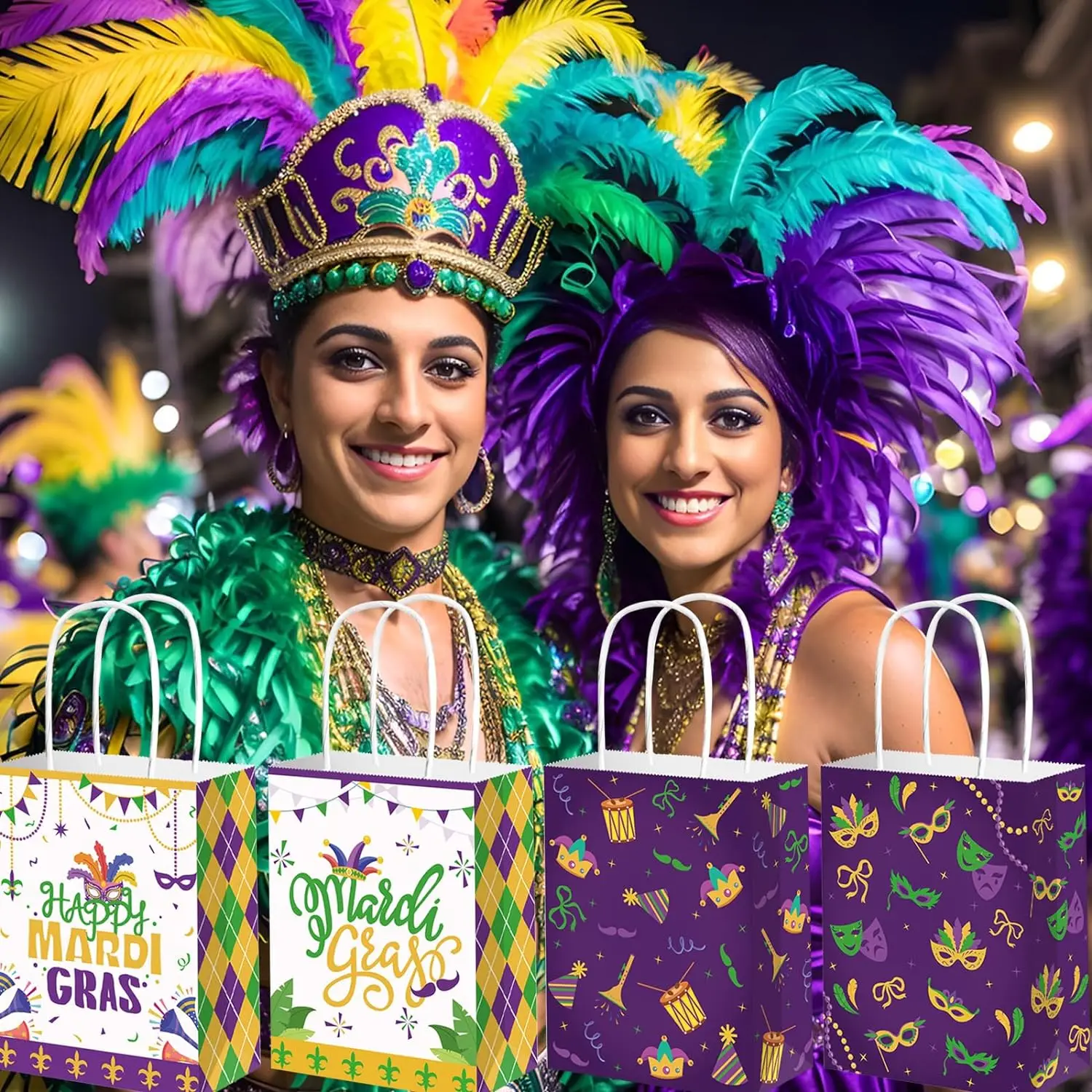 12Pack Mardi Gras Party Paper Gift Bags Mask Pattern Carnival Party Favor Treat Bags with Handle for Mardi Gras Mask Party