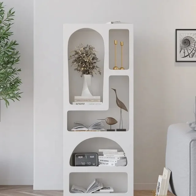 White Arched Bookcase Tall Open Storage Geometric Cabinet Design Niche Bookshelf Wood Living Room Display Stand