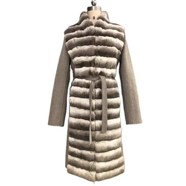 
Spring Autumn Winter New Design Female Street Outwear Double Face Wool Fabric Rex Rabbit Fur Stripe X Long Women Coats With Belt 