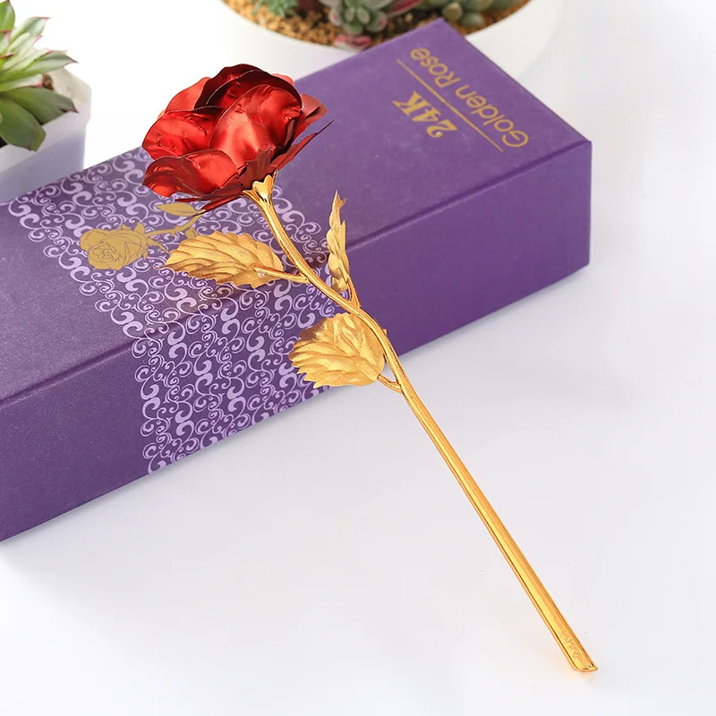 24k Gold Colorful Flowers Wedding Artificial Long Stem Roses with Love-Shaped Stand Gifts for Girlfriend Wife
