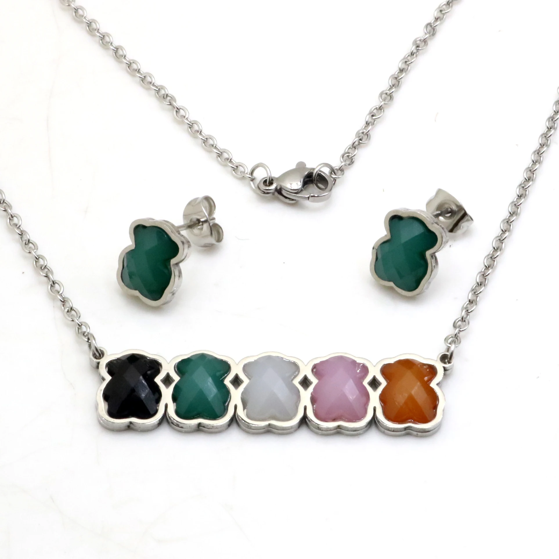 
AFXSION High Quality Titanium Steel Jewelry Color Crystal Bear Pendant Necklace and Earring Gold Jewelry Set 