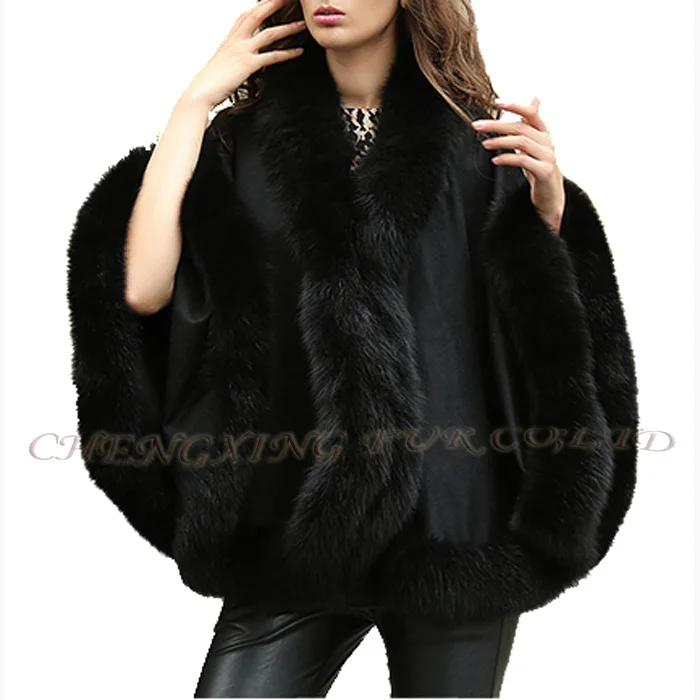 CX-B-P-54B оторочкой из лисьего меха женская мода пончо Роскошные зимние шали Шерсть натуральный мех накидка