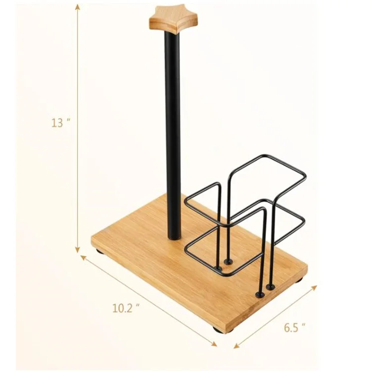 2-in-1 Paper Towel Holder Countertop Napkin Rack Kitchen Rolls Holder Stand with Wood Base