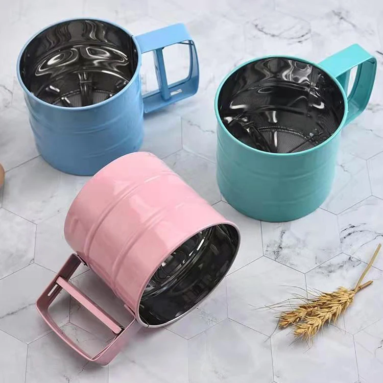 Manufacturer supplies pink green stainless steel hand-pressed semi-automatic flour baking filter icing sugar sieve