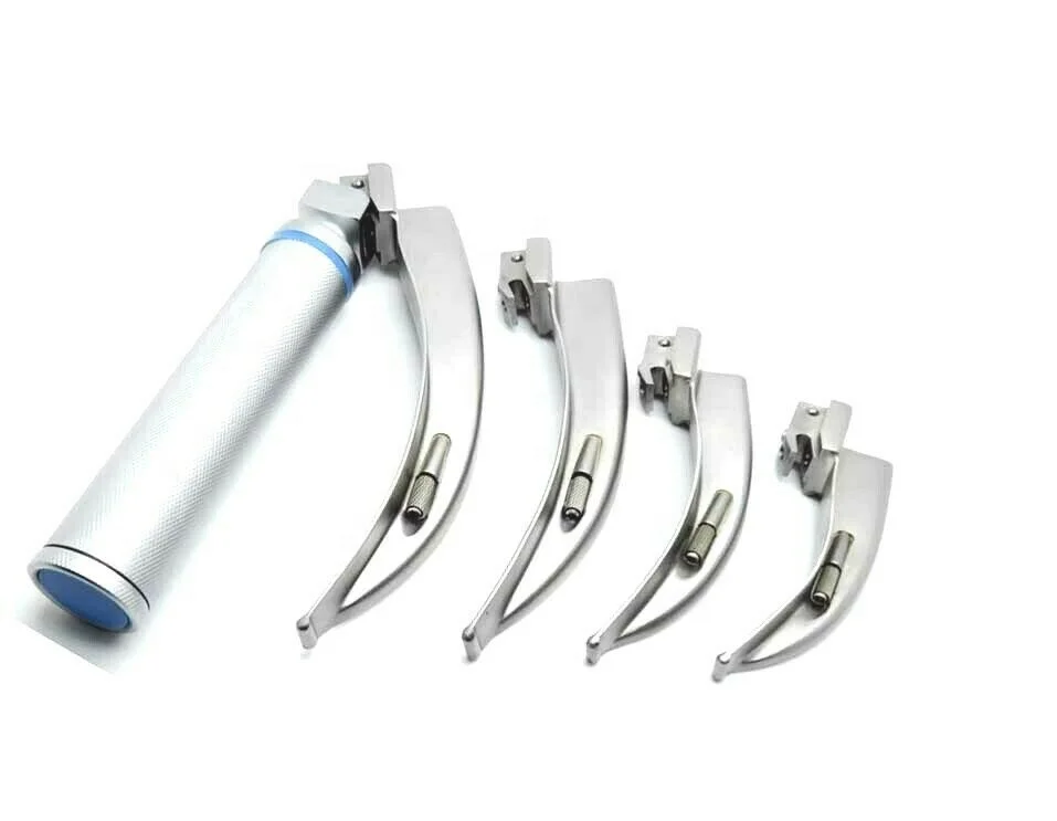 German Solid Stainless Steel Laryngoscope Mac Set of 4 BLADES & 1 HANDLE With Protective Box ENT Diagnostic