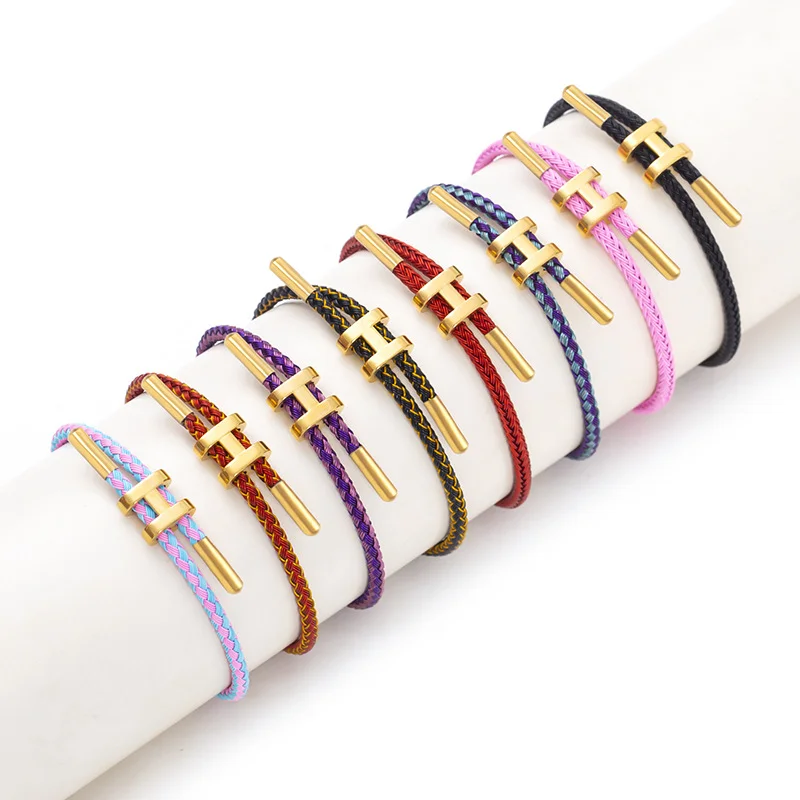 Wholesale 316L Stainless Steel Color Retention Waterproof H Button 3D Hard Gold Leather Rope Bracelet Clasp Adjustable Bracelet