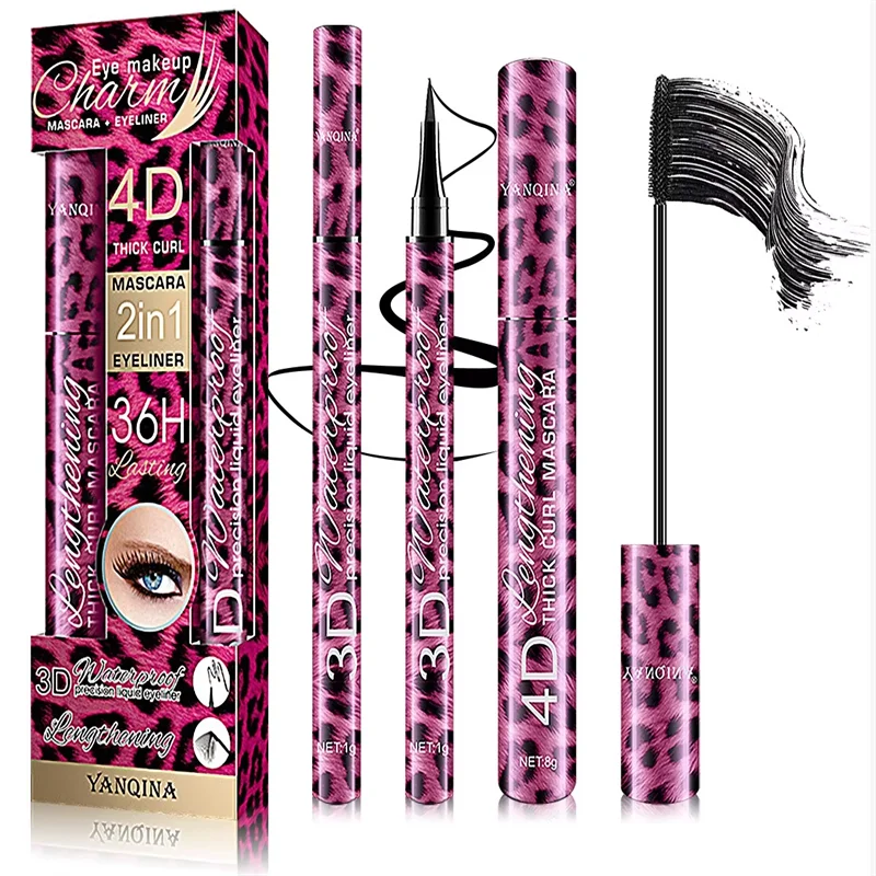 Yanqina Red Leopard Print 4D Thick Curl easy to operate Mascara and quick drying Liquid Eyeliner Pen Set Eye Makeup Tools Kit