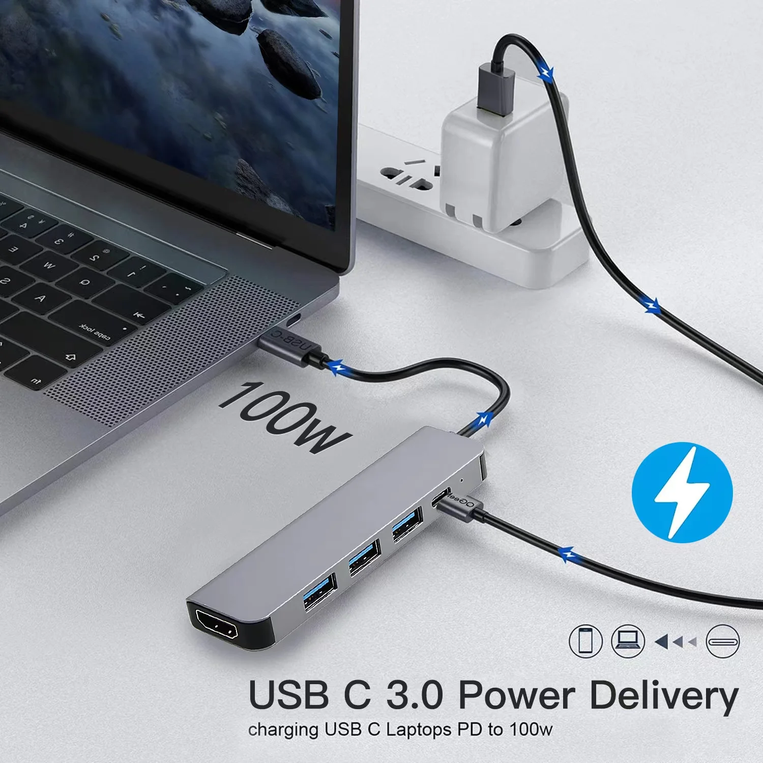 5 In 1 Macbook type c hub to 3.0 2.0 usb por hdmi 4K PD Charging usb c hub 5 in 1 Multifunction poweredusb type c hub Adapter
