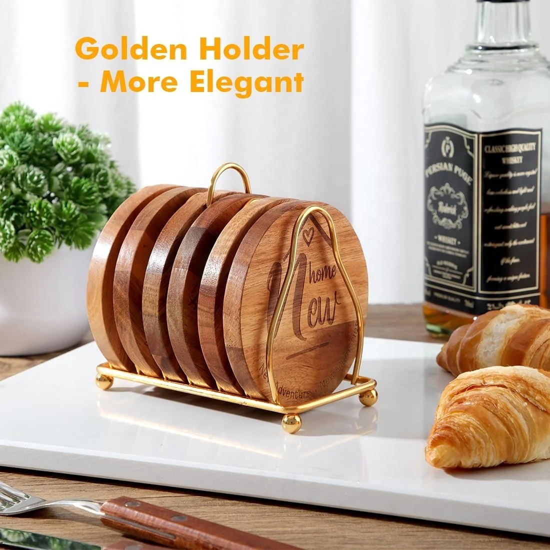 Housewarming Gifts for Home Decoration Real Acacia Wood Coasters for Coffee Table Dining Table Desk with Non-Slip Pad 4 Inch