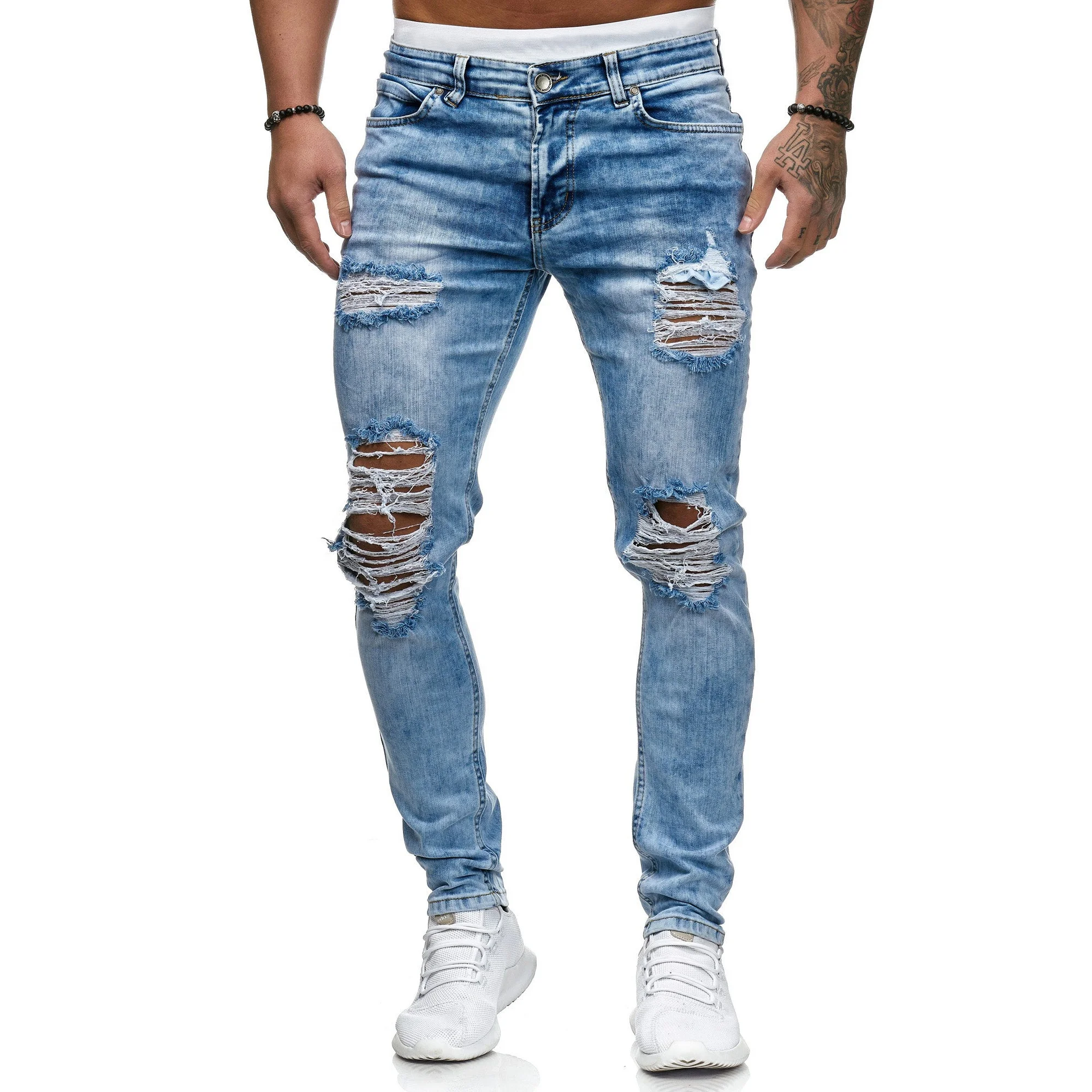 Wholesale custom mens cotton ripped pants distressed stylish designer skinny homme fit slim  man stretch denim jeans for men