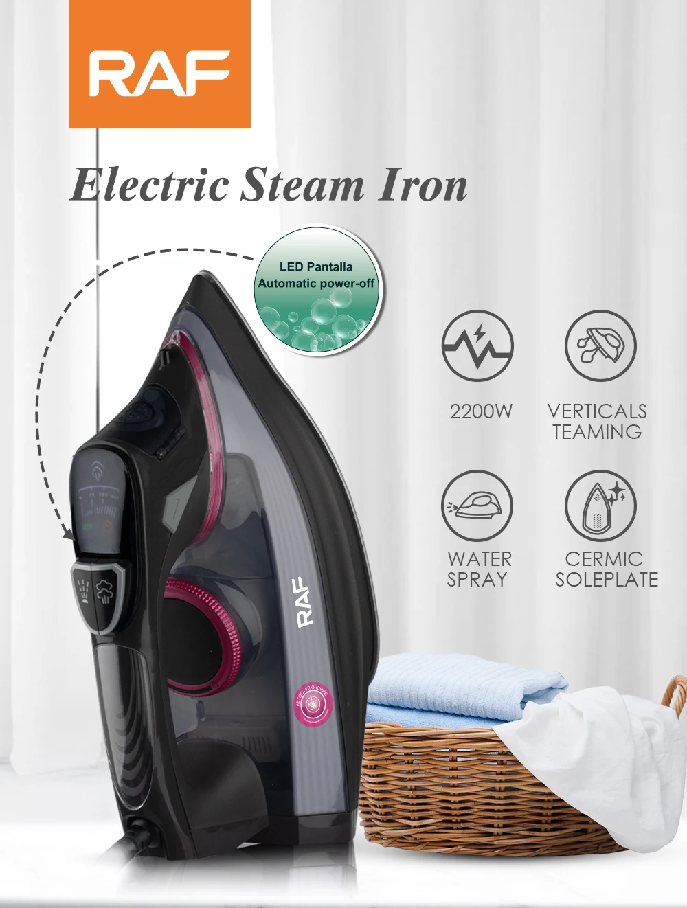 Household Electric Steam Iron with Ceramic Soleplate 2200W LED Pantalla
