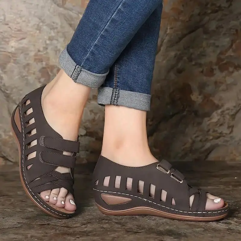 Plus Size Ladies Sandals Summer Casual Vintage Wedge Platform Sewn Leather Slip On Ladies Sandals