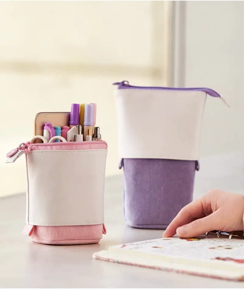 PU Corduroy Stand-up Retractable Transformer Bag Colorful Organizer, Great for Christmas Holiday Gift Cosmetics Pouch Makeup Bag