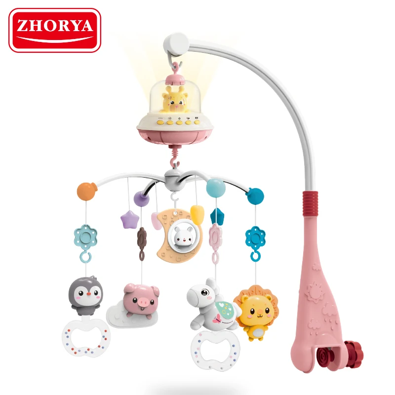Музыкальная шкатулка Zhorya для малышей, музыкальная шкатулка для кроватки с дистанционным управлением, музыкальный держатель для кровати, подвесные погремушки, игрушечный колокольчик, изогнутые Мобили для малышей