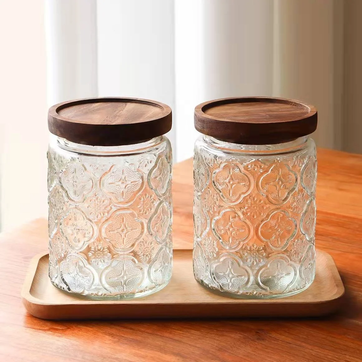 500ml 650ml Airtight Kitchen Glass Containers Glass Jar With Acacia Wood Lid For Coffee Candy Cook