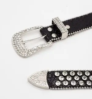 Punkrock Crystal belts with skull buckle set. Rhinestone belt for lady and men diamond PU leather Y2K  belt