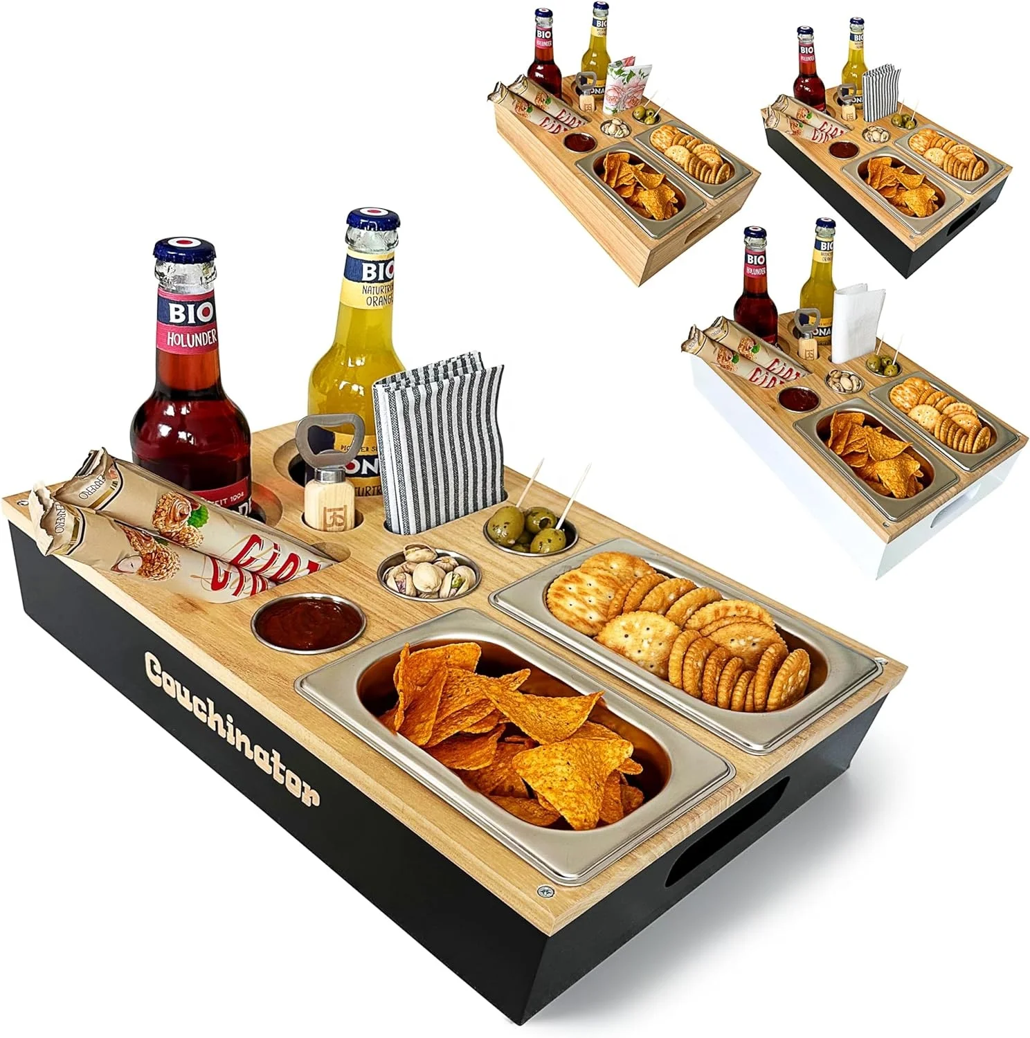 Couch Bar with 2 Snack Bowls, 3 Dip Bowls, 2 Coasters & Bottle Opener Organiser Bottle Holder Sofa Butler Serving Tray Sofa Tray